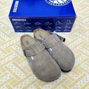 NEW Narrow Fit Birkenstock Boston Clogs (Soft Footbed) - Neutral Taupe Suede Lim